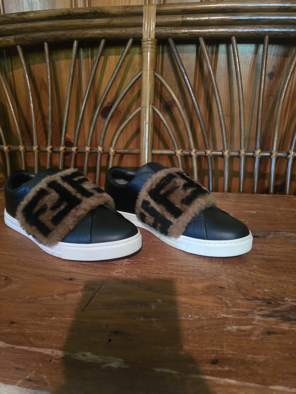 Fendi Black Leather Sneakers with Brown Shearling FF Strap - Picture 16 of 16